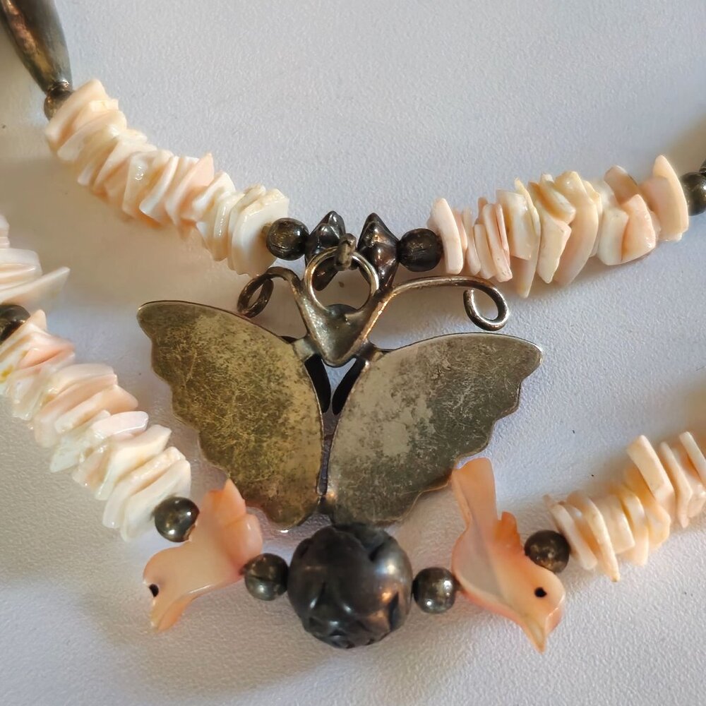 VTG Sterling Silver Double Strand MOP Fetish Bird Butterfly Pendant Necklace 16" - Picture 8 of 11